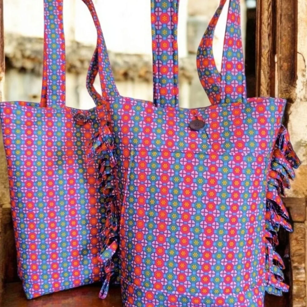Red and Pink Geometric Tote Bag with Fringe